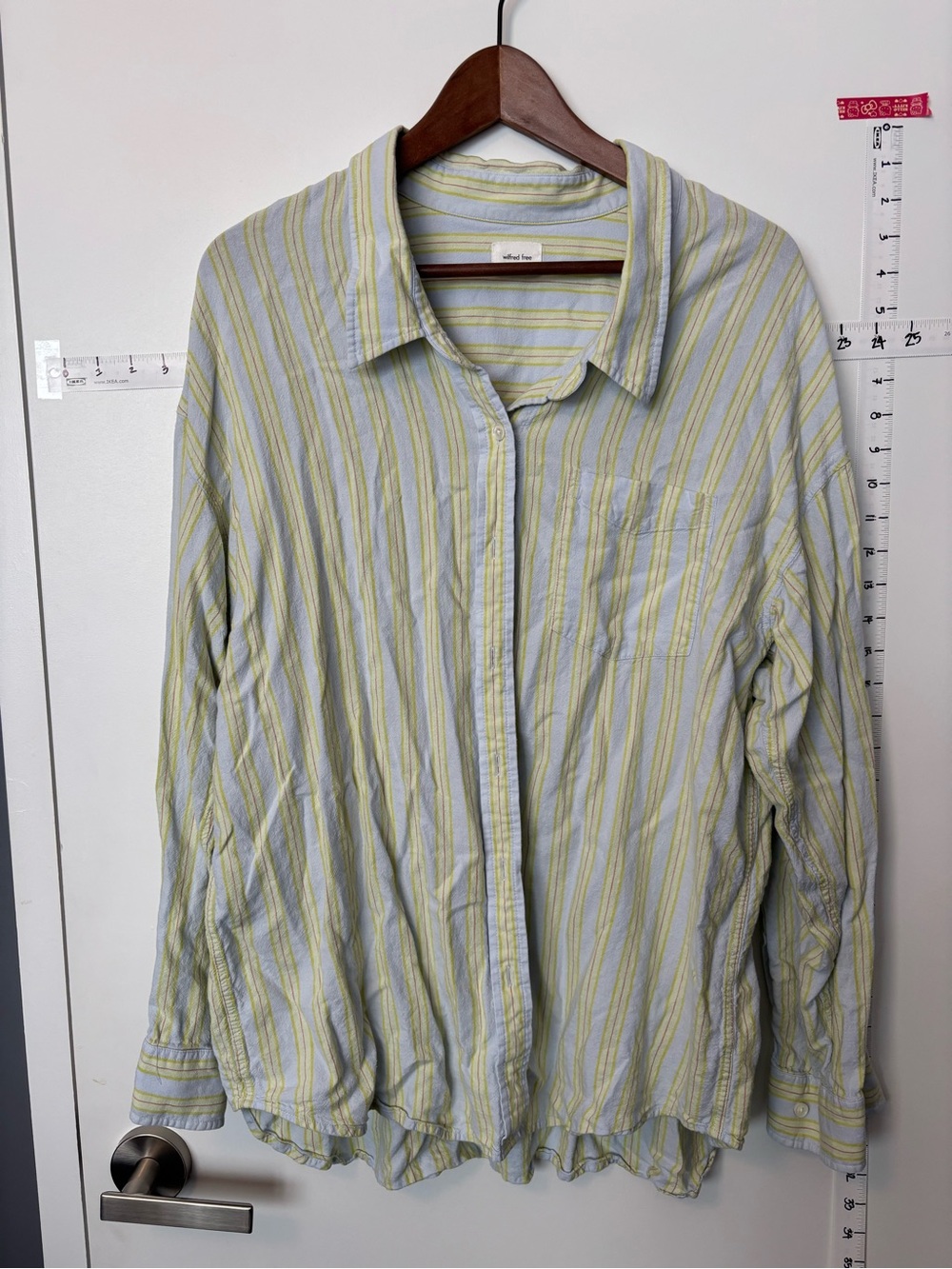 Wilfred Free Aritzia Light Blue & Lime Stripe Linen-Blend Shirt
